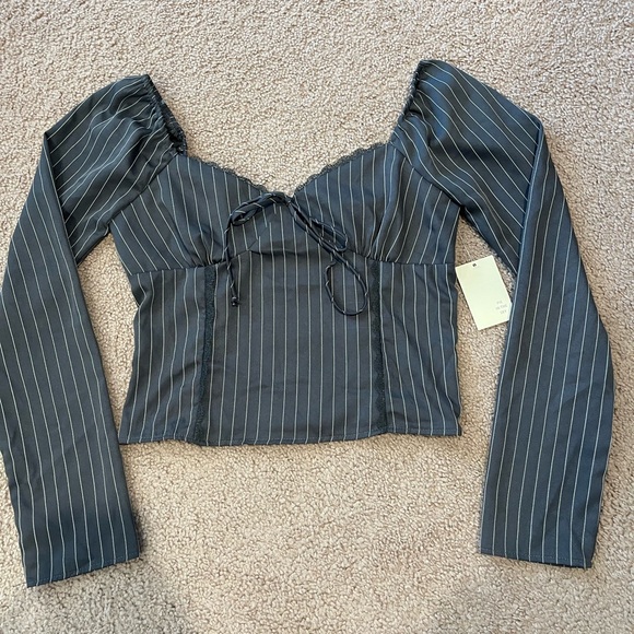 Pie In The Sky Tops - PIE IN THE SKY Gray Pinstripe Long Sleeve Crop Top